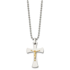 Chisel Stainless Steel Polished with 14k Gold Accent Crucifix Pendant on a 22 inch Ball Chain Necklace SRN487-22
