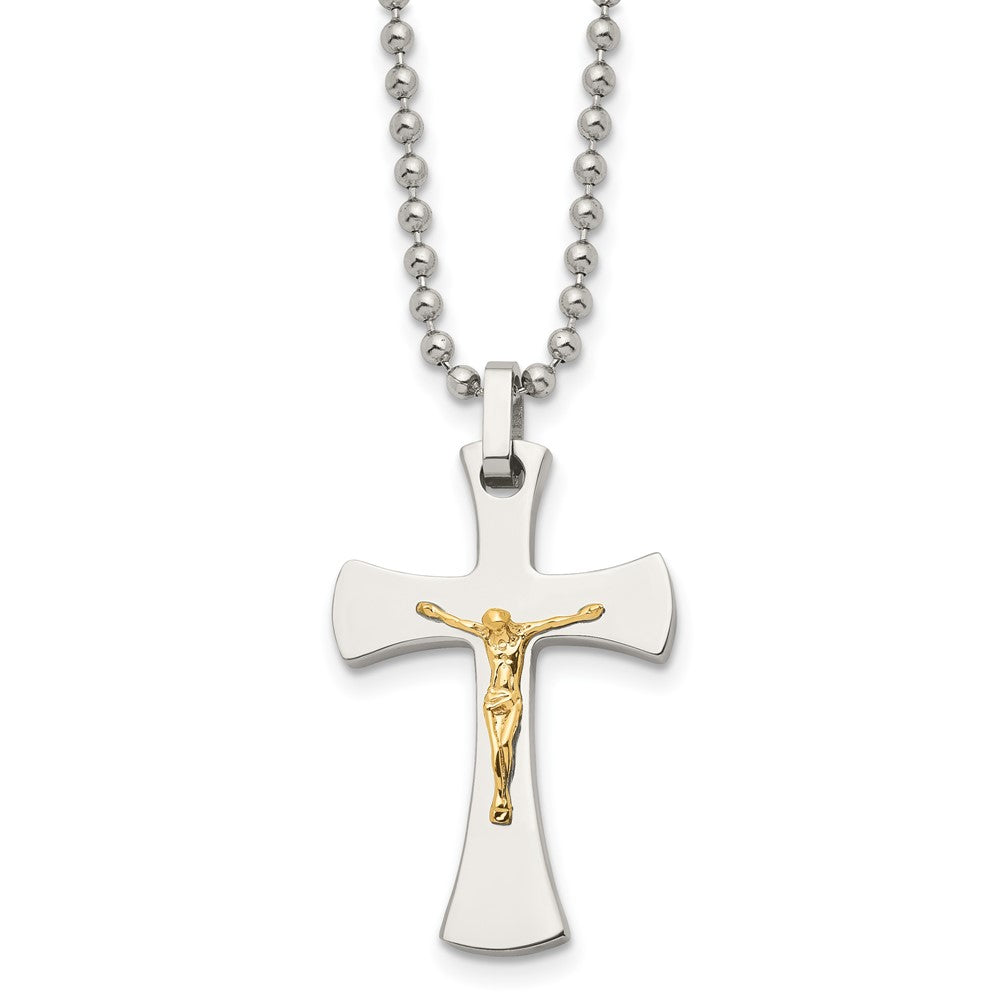 Chisel Stainless Steel Polished with 14k Gold Accent Crucifix Pendant on a 22 inch Ball Chain Necklace SRN487-22
