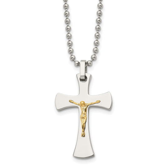 Chisel Stainless Steel Polished with 14k Gold Accent Crucifix Pendant on a 22 inch Ball Chain Necklace SRN487-22