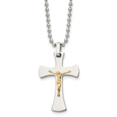 Chisel Stainless Steel Polished with 14k Gold Accent Crucifix Pendant on a 22 inch Ball Chain Necklace SRN487-22