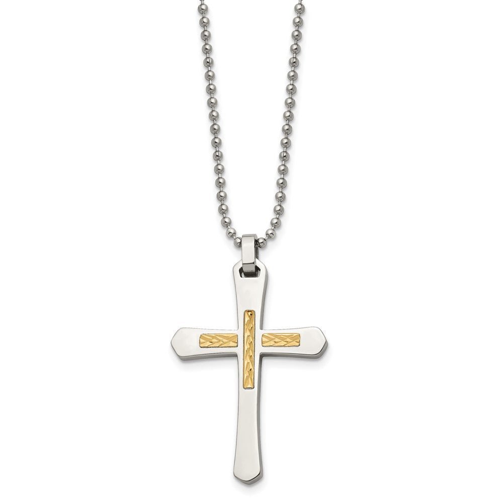 Chisel Stainless Steel Polished with 14k Gold Accent Diamond-cut Cross Pendant on a 22 inch Ball Chain Necklace SRN489-22