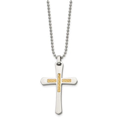 Chisel Stainless Steel Polished with 14k Gold Accent Diamond-cut Cross Pendant on a 22 inch Ball Chain Necklace SRN489-22