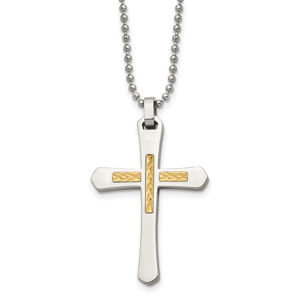 Chisel Stainless Steel Polished with 14k Gold Accent Diamond-cut Cross Pendant on a 22 inch Ball Chain Necklace SRN489-22