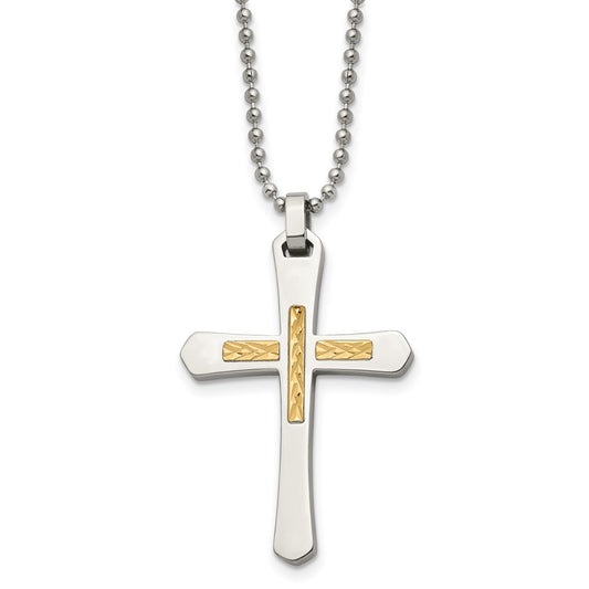Chisel Stainless Steel Polished with 14k Gold Accent Diamond-cut Cross Pendant on a 22 inch Ball Chain Necklace SRN489-22