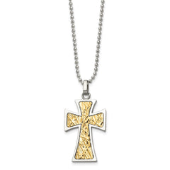 Chisel Stainless Steel Polished with 14k Gold Accent Cross Pendant on a 22 inch Ball Chain Necklace SRN492-22