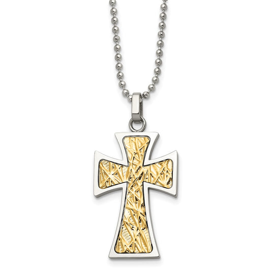 Chisel Stainless Steel Polished with 14k Gold Accent Cross Pendant on a 22 inch Ball Chain Necklace SRN492-22