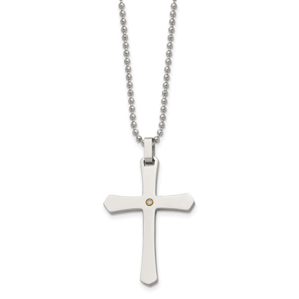 Chisel Stainless Steel Polished with 14k Gold Accent .02 carat Diamond Cross Pendant on a 22 inch Ball Chain Necklace SRN493-22