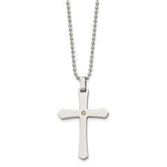 Chisel Stainless Steel Polished with 14k Gold Accent .02 carat Diamond Cross Pendant on a 22 inch Ball Chain Necklace SRN493-22