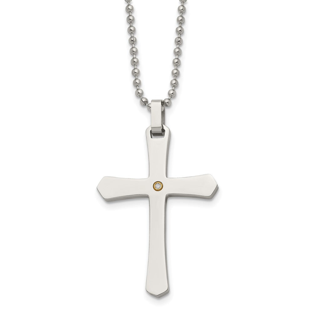 Chisel Stainless Steel Polished with 14k Gold Accent .02 carat Diamond Cross Pendant on a 22 inch Ball Chain Necklace SRN493-22