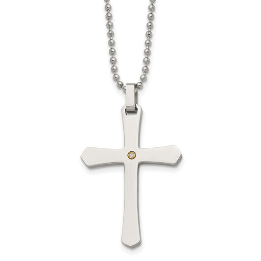 Chisel Stainless Steel Polished with 14k Gold Accent .02 carat Diamond Cross Pendant on a 22 inch Ball Chain Necklace SRN493-22