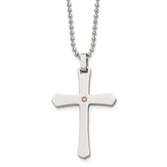 Chisel Stainless Steel Polished with 14k Gold Accent .02 carat Diamond Cross Pendant on a 22 inch Ball Chain Necklace SRN493-22