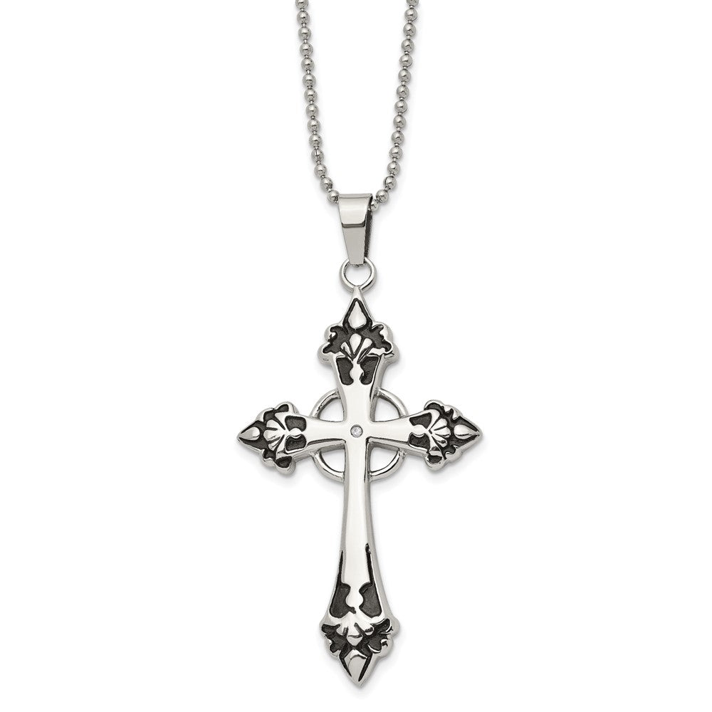 Chisel Stainless Steel Polished Enameled with .01 Carat Diamond Cross Pendant on a 24 inch Ball Chain Necklace SRN511-24