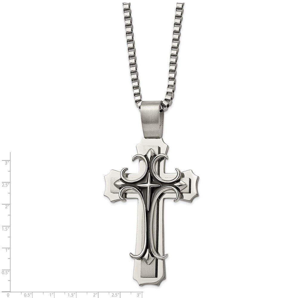 Chisel Stainless Steel Brushed and Polished with Black Enamel Large Cross Pendant on a 24 inch Box Chain Necklace SRN857-24
