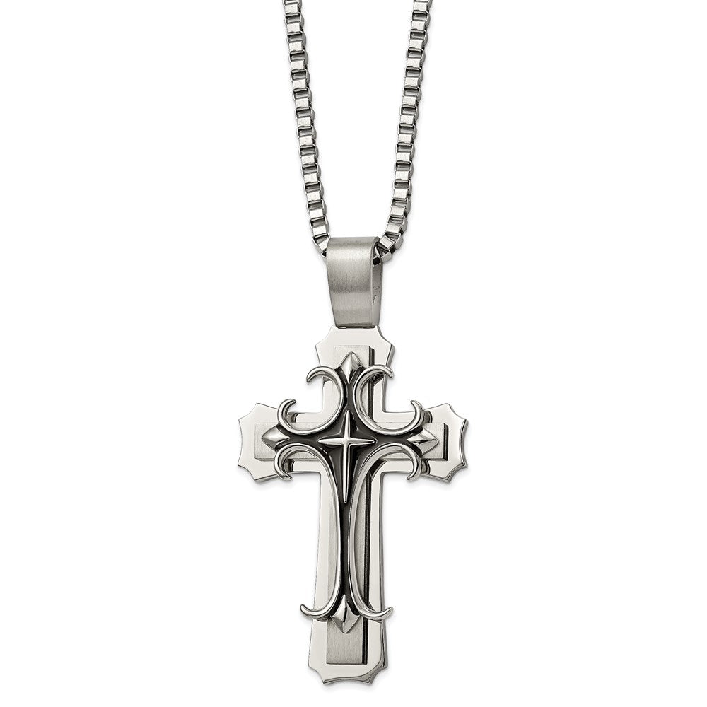 Chisel Stainless Steel Brushed and Polished with Black Enamel Large Cross Pendant on a 24 inch Box Chain Necklace SRN857-24