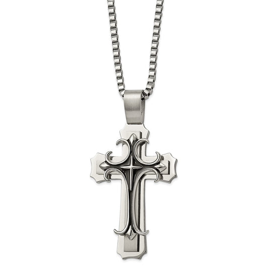 Chisel Stainless Steel Brushed and Polished with Black Enamel Large Cross Pendant on a 24 inch Box Chain Necklace SRN857-24