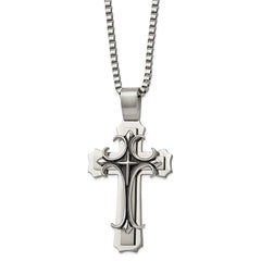 Chisel Stainless Steel Brushed and Polished with Black Enamel Large Cross Pendant on a 24 inch Box Chain Necklace SRN857-24