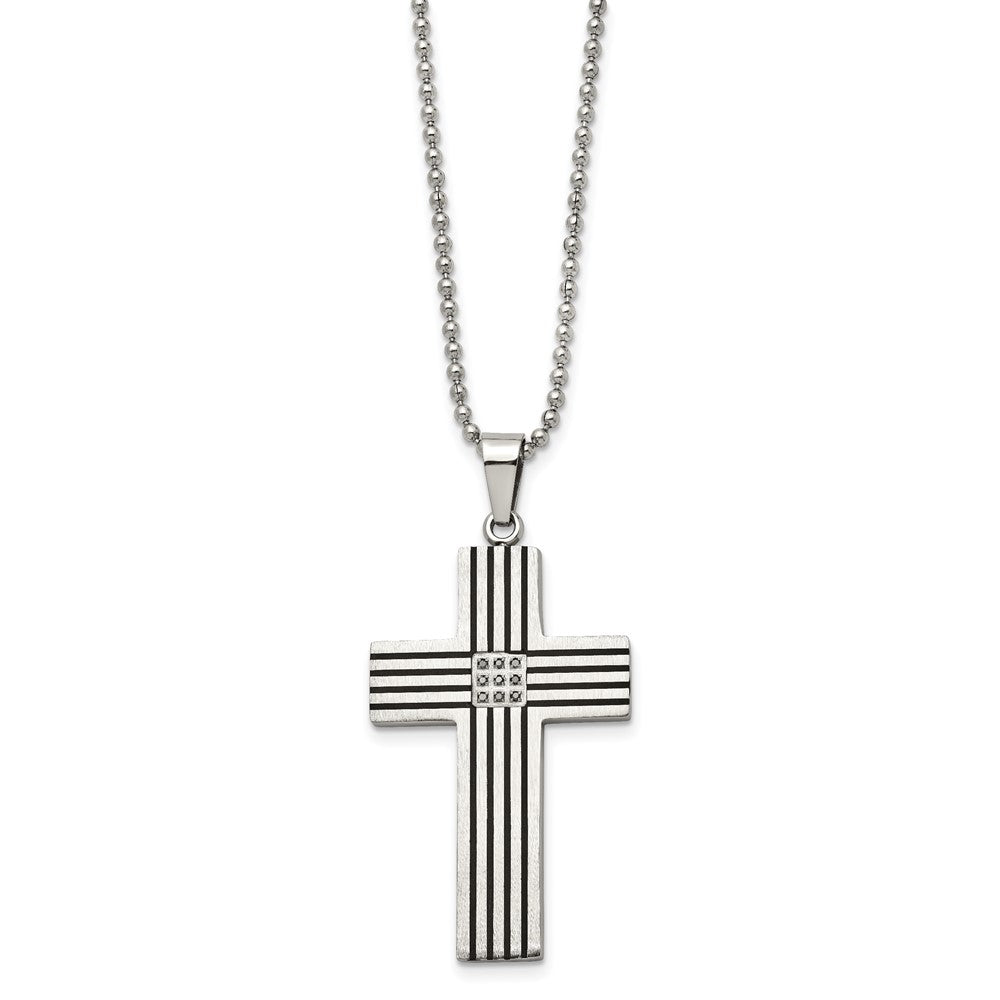 Chisel Stainless Steel Polished Black IP-plated 1/20 carat Black Diamond Striped Cross Pendant on a 22 inch Ball Chain Necklace SRN955-22
