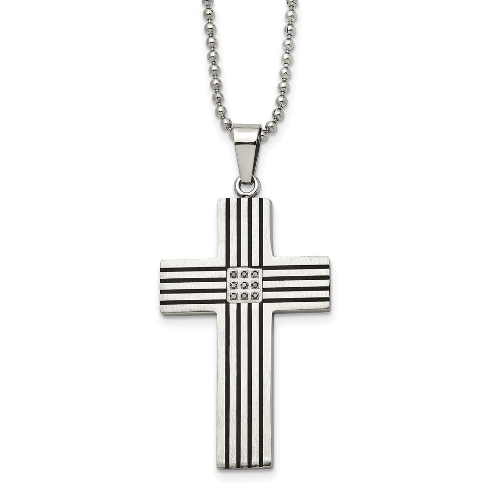 Chisel Stainless Steel Polished Black IP-plated 1/20 carat Black Diamond Striped Cross Pendant on a 22 inch Ball Chain Necklace SRN955-22