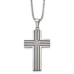Chisel Stainless Steel Polished Black IP-plated 1/20 carat Black Diamond Striped Cross Pendant on a 22 inch Ball Chain Necklace SRN955-22