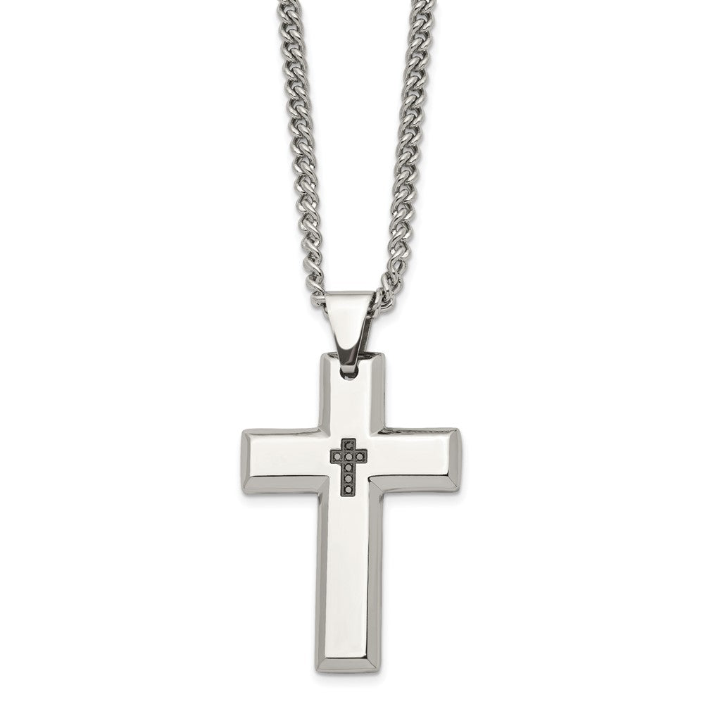 Chisel Stainless Steel Polished 1/10 carat Black Diamond Cross Pendant on a 22 inch Curb Chain Necklace SRN957-22