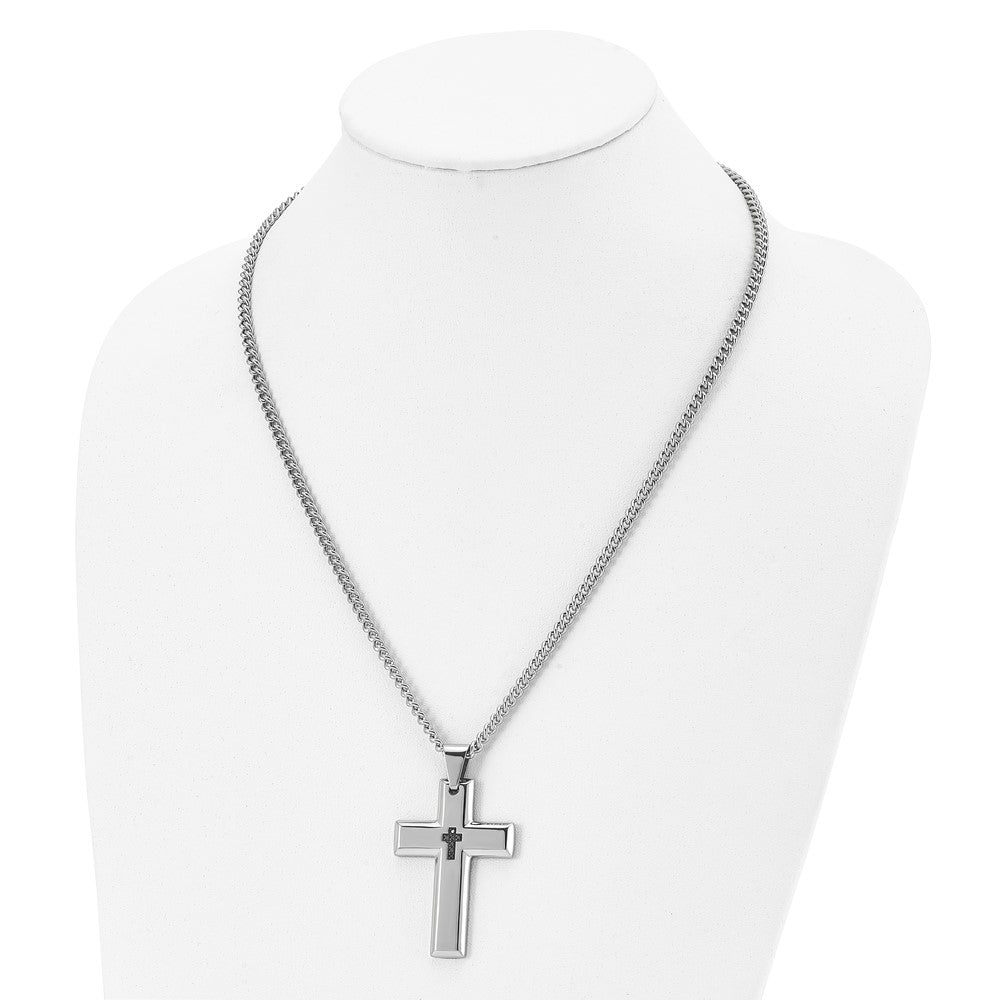 Chisel Stainless Steel Polished 1/10 carat Black Diamond Cross Pendant on a 22 inch Curb Chain Necklace SRN957-22