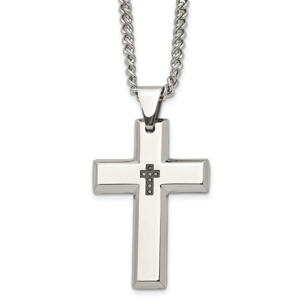 Chisel Stainless Steel Polished 1/10 carat Black Diamond Cross Pendant on a 22 inch Curb Chain Necklace SRN957-22