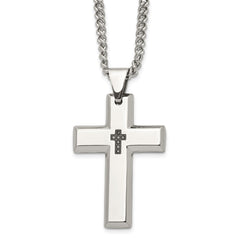Chisel Stainless Steel Polished 1/10 carat Black Diamond Cross Pendant on a 22 inch Curb Chain Necklace SRN957-22