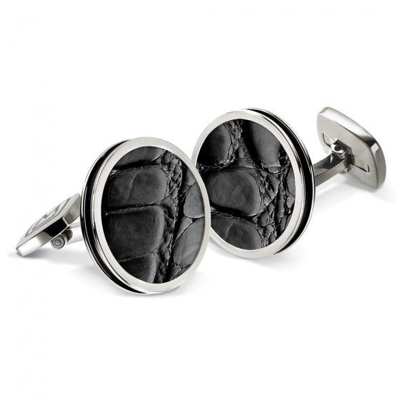 MClip Black Alligator Bordered Round Cufflinks SS-CLB-BKAL