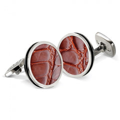 MClip Cognac Alligator Bordered Round Cufflinks SS-CLB-CGAL