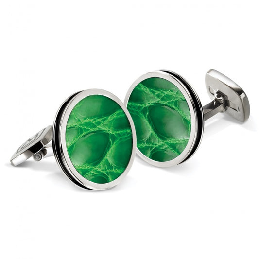 MClip Dark Green Alligator Bordered Round Cufflinks SS-CLB-DGAL