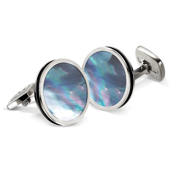 MClip Gray Mother of Pearl Bordered Round Cufflinks SS-CLB-GRMP