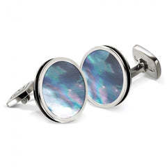 MClip Gray Mother of Pearl Bordered Round Cufflinks SS-CLB-GRMP