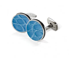 MClip Light Blue Alligator Bordered Round Cufflinks SS-CLB-LBAL