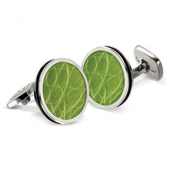 MClip Light Green Alligator Bordered Round Cufflinks SS-CLB-LGAL