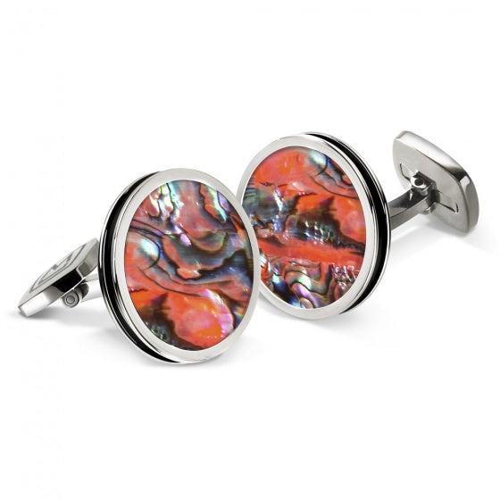 MClip Orange Abalone Bordered Round Cufflinks SS-CLB-ORAB