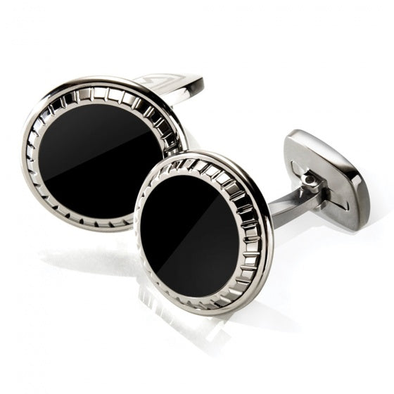 MClip Black Enamel Carved Round Cufflinks SS-CLC-BKEN