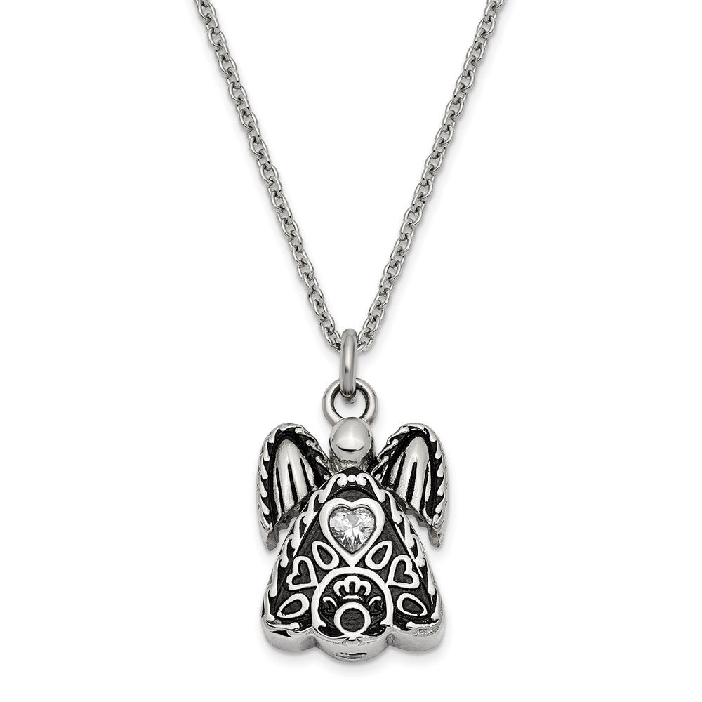Sentimental Expressions Stainless Steel Clear CZ April Birthstone Antiqued Angel Ash Holder 18 Inch Necklace SSX100APR