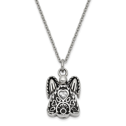 Sentimental Expressions Stainless Steel Clear CZ April Birthstone Antiqued Angel Ash Holder 18 Inch Necklace SSX100APR