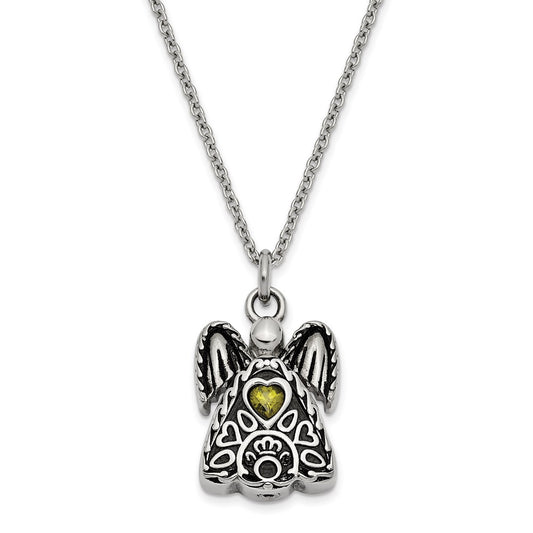 Sentimental Expressions Stainless Steel Light Green CZ August Birthstone Antiqued Angel Ash Holder 18 Inch Necklace SSX100AUG