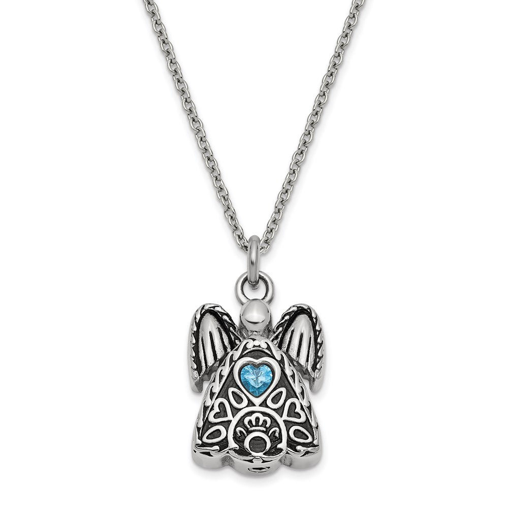 Sentimental Expressions Stainless Steel Blue CZ December Birthstone Antiqued Angel Ash Holder 18 Inch Necklace SSX100DEC