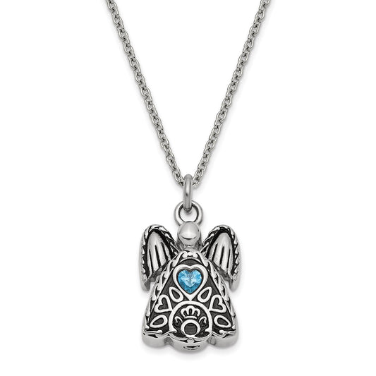Sentimental Expressions Stainless Steel Blue CZ December Birthstone Antiqued Angel Ash Holder 18 Inch Necklace SSX100DEC