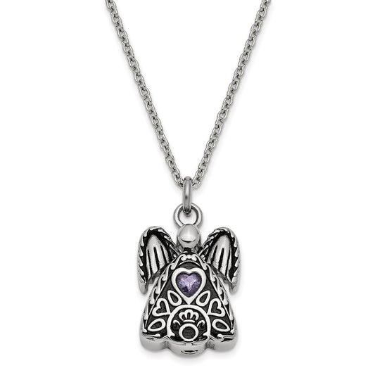 Sentimental Expressions Stainless Steel Purple CZ February Birthstone Antiqued Angel Ash Holder 18 Inch Necklace SSX100FEB