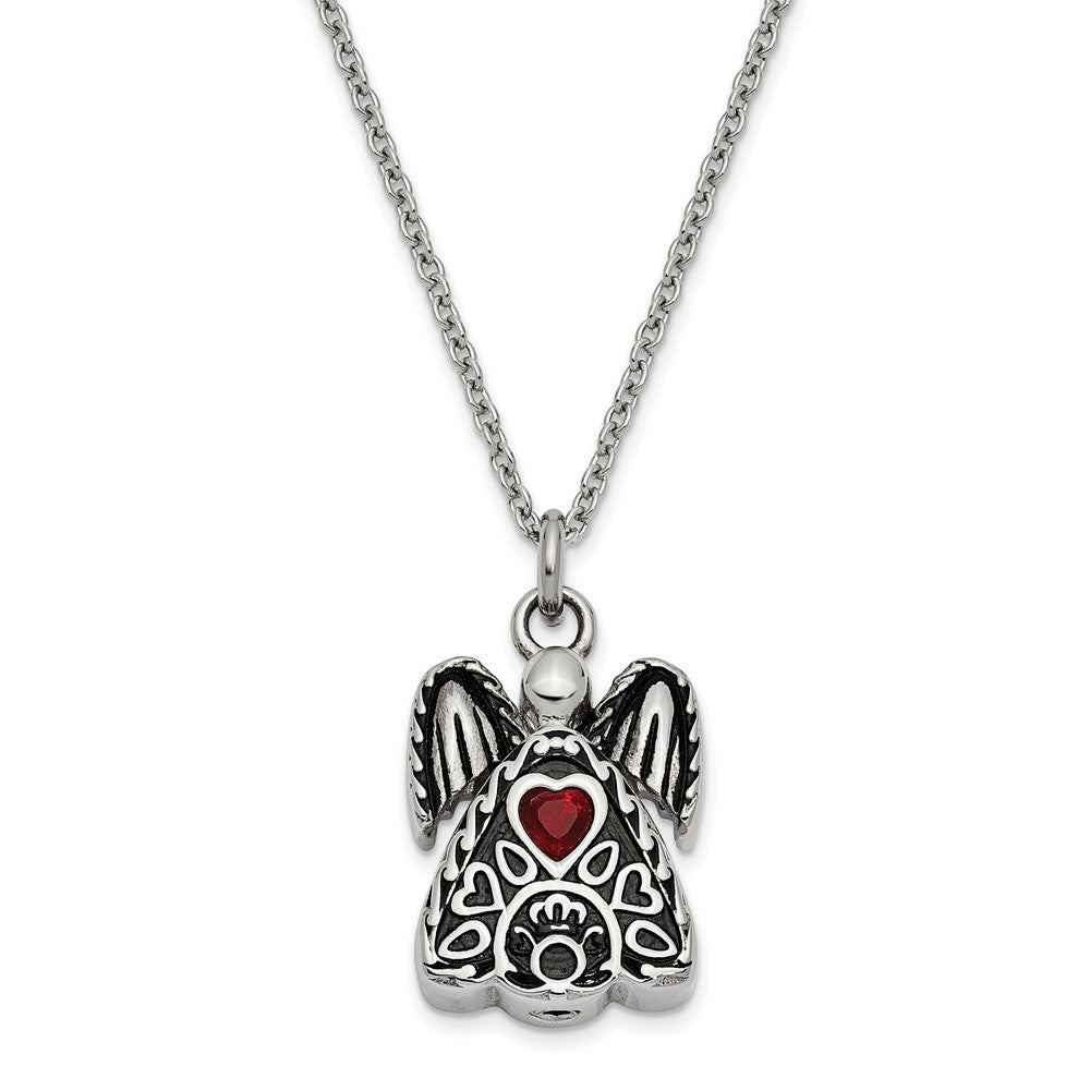 Sentimental Expressions Stainless Steel Dark Red CZ January Birthstone Antiqued Angel Ash Holder 18 Inch Necklace SSX100JAN