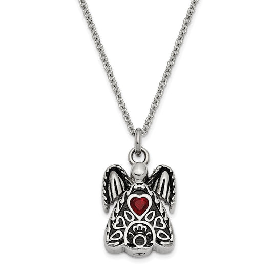 Sentimental Expressions Stainless Steel Dark Red CZ January Birthstone Antiqued Angel Ash Holder 18 Inch Necklace SSX100JAN