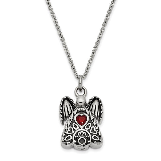 Sentimental Expressions Stainless Steel Red CZ July Birthstone Antiqued Angel Ash Holder 18 Inch Necklace SSX100JUL