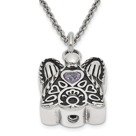 Sentimental Expressions Stainless Steel Light Purple CZ June Birthstone Antiqued Angel Ash Holder 18 Inch Necklace SSX100JUN