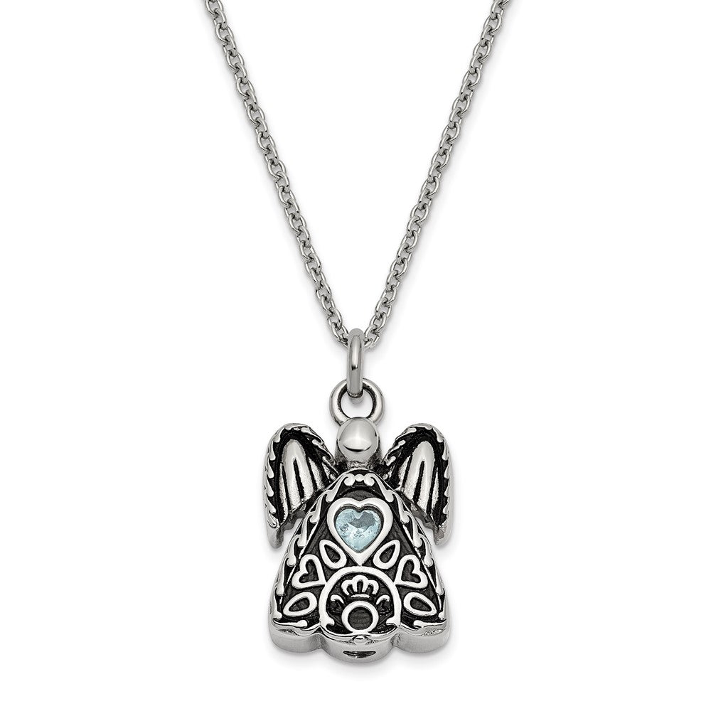 Sentimental Expressions Stainless Steel Light Blue CZ March Birthstone Antiqued Angel Ash Holder 18 inch Necklace SSX100MAR