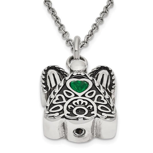 Sentimental Expressions Stainless Steel Green CZ May Birthstone Antiqued Angel Ash Holder 18 Inch Necklace SSX100MAY