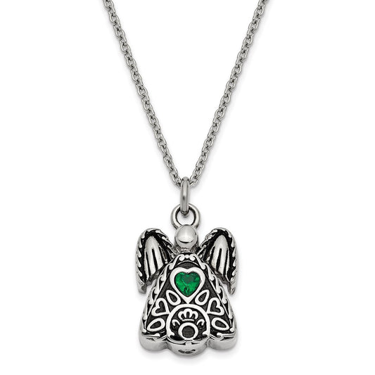 Sentimental Expressions Stainless Steel Green CZ May Birthstone Antiqued Angel Ash Holder 18 Inch Necklace SSX100MAY