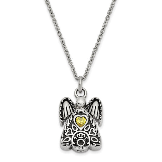 Sentimental Expressions Stainless Steel Yellow CZ November Birthstone Antiqued Angel Ash Holder 18 Inch Necklace SSX100NOV